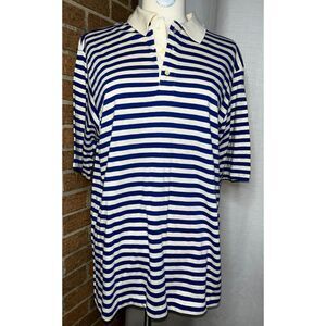Cricket 100% Cotton Large Polo Shirt, Striped Navy and White, Unisex